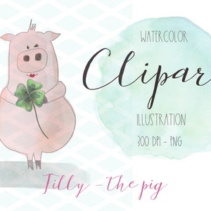 clipart, ilustración, acuarela, aquarelle, tarjeta, diario, digital, imprimible, cerdo, suerte, fabricación de tarjetas, png