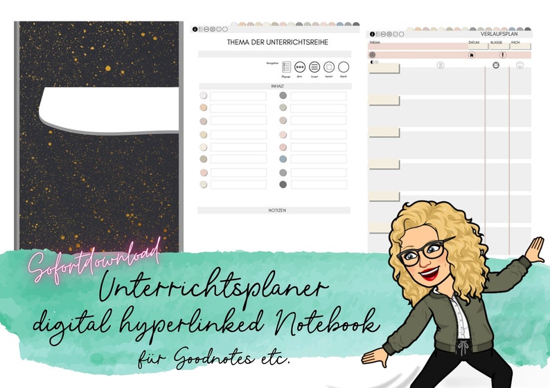 以下が含まれることがあります： 黒と金の表紙のデジタルレッスンプランナーノート。このノートは、Goodnotesやその他のノートアプリで使用するために設計されています。画像のテキストは「Sofort download Unterrichtsplaner digital hyperlinked Notebook f&uuml;r Goodnotes etc.」です。