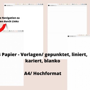 以下が含まれることがあります： 点線、罫線、方眼、無地という4種類のA4サイズのペーパーテンプレートです。これらのテンプレートは、プランナーやノートブックで使用するために設計されています。画像には、方眼テンプレートを指す赤い矢印が表示されています。