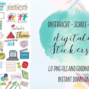 Pegatinas para planificadores digitales, conjunto de imágenes prediseñadas escolares digitales, pegatinas para profesores, planificación de lecciones en alemán, Goodnotes, archivo PNG recortado
