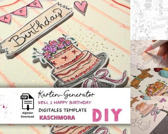 Birthday, Happy Birthday, greeting card, card generator, DIY card, coloring page