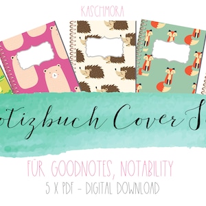 Può includere: Set di cinque copertine digitali per quaderni con illustrazioni di animali carini. Le copertine includono una copertina rosa con un orso, una copertina beige con un riccio, una copertina verde con una volpe, una copertina bianca con un gufo e una copertina verde con un alligatore. Il testo "Notizbuch Cover Set" e "FÜR GOODNOTES, NOTABILITY" è visibile nell'immagine. Il testo "5 X PDF - DIGITAL DOWNLOAD" è anche visibile.