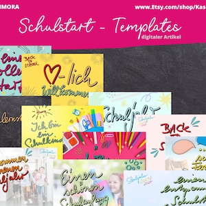 Puede incluir: Un conjunto de plantillas digitales coloridas para el inicio del curso escolar, con ilustraciones de útiles escolares, corazones, estrellas y texto en alemán. El texto incluye "Schulstart", "Willkommen", "Schuljahr", "Back to School" y "Einem schönen Schuljahr".