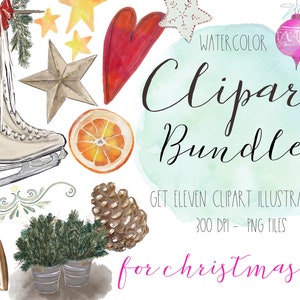 Watercolor Christmas clipart, winter clipart illustration, Christmas png bundle