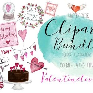 Illustration clipart de la Saint-Valentin, Ensemble d’illustrations de la Saint-Valentin, éléments clipart Aquarelle, fichiers png d’amour, autocollants numériques de la Saint-Valentin