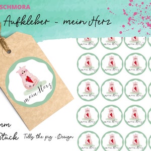 20x Sticker Schwein Herz, Aufkleber Liebe, Sticker Valentinstag, Etiketten, Hochzeit