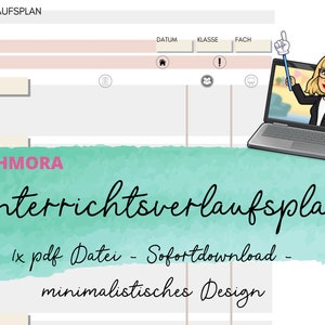 Könnte beinhalten: Ein türkisfarbener Aquarellhintergrund mit dem Text "KASCHMORA Unterrichtsverlaufsplan 1x pdf Datei - Sofortdownload - minimalistisches Design" in Schwarz. Ein Laptop mit einer Comic-Frau auf dem Bildschirm befindet sich in der oberen rechten Ecke des Bildes.