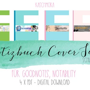 Può includere: Un set di quattro copertine digitali per quaderni per Goodnotes e Notability. Le copertine sono di colore verde, blu, azzurro e rosa. Le copertine presentano diverse materie, come la costruzione della comunità, la geografia, la storia e l'economia. Il testo "Notizbuch Cover Set" è scritto in corsivo. Il testo "SCHULE#3" è scritto in un carattere più piccolo. Il testo "FÜR GOODNOTES, NOTABILITY" è scritto in un carattere più piccolo. Il testo "4 X PDF - DIGITAL DOWNLOAD" è scritto in un carattere più piccolo.