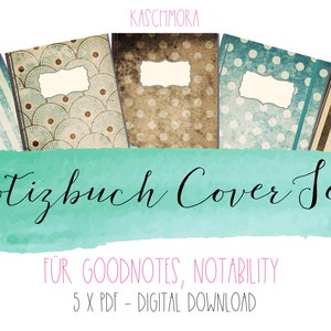 Può includere: Set di cinque copertine digitali per quaderni con motivi vintage in tonalità di blu, marrone e bianco. Le copertine presentano diversi motivi, tra cui strisce, pois e disegni geometrici. Il testo "Notizbuch Cover Set" e "FÜR GOODNOTES, NOTABILITY 5 X PDF - DIGITAL DOWNLOAD" è visibile nell'immagine.