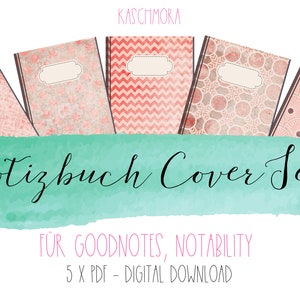 Può includere: Set di cinque copertine digitali per quaderni con motivi rosa e marroni. Le copertine presentano una varietà di disegni geometrici e sono etichettate "Notizbuch Cover Set" e "FÜR GOODNOTES, NOTABILITY 5 X PDF - DIGITAL DOWNLOAD".