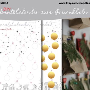 Może przedstawiać: Kalendarz adwentowy DIY z 24 kółkami do zdrapywania słów. Kalendarz jest wydrukowany na białym papierze z czarnymi konturami i gwiazdami. Kółka są ponumerowane od 1 do 24. Kalendarz nosi tytuł "Adventskalender der warmen Worte".