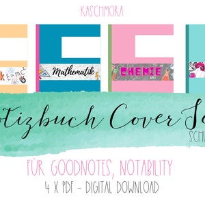 Può includere: Un set di quattro copertine digitali per quaderni per Goodnotes e Notability. Le copertine presentano design colorati con le parole "Physik", "Mathematik", "Chemie" e "Biologie" in tedesco. È anche visibile il testo "Notizbuch Cover Set" e "SCHULE#I".