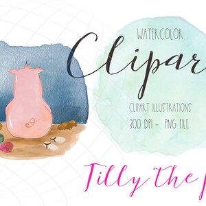 Clipart ilustracja świnia, ilustracja clipart, cyfrowy clipart świnia, plik PNG, świnia clipart ocean, ilustracja wybrzeża, plaża