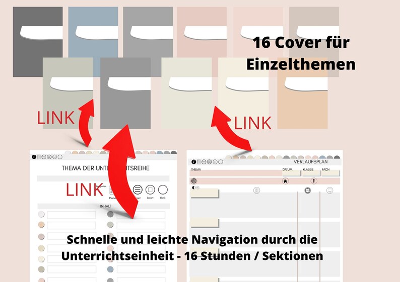 以下が含まれることがあります： 16種類の異なるカバーデザインを持つデジタルプランナーテンプレート。テンプレートには、ユニットのテーマ、ユニットシリーズ、コンテンツのセクションが含まれています。テンプレートには、テーマ、クラス、科目別の列を持つレッスン計画のセクションも含まれています。画像の上部に「16 Cover f&uuml;r Einzelthemen」というテキストが表示されています。画像の下部に「Schnelle und leichte Navigation durch die Unterrichtseinheit - 16 Stunden / Sektionen」というテキストが表示されています。