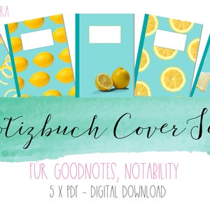 Può includere: Set di cinque copertine digitali per quaderni con tema limone. Le copertine sono progettate per le app Goodnotes e Notability. Le copertine presentano limoni, fette di limone e bucce di limone su uno sfondo blu chiaro.