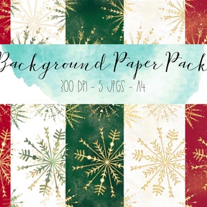 Könnte beinhalten: Ein Set aus fünf digitalen Hintergrundpapieren mit goldenen Schneeflockenmustern auf rotem, weißem und grünem Hintergrund. Der Text "Background Paper Pack 300 DPI - 5 JPGS - A4" wird auf einem blauen Aquarellhintergrund angezeigt.