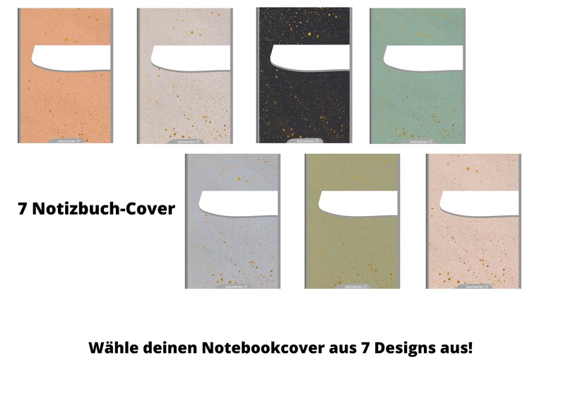 以下が含まれることがあります： テキスト用の空白スペースのある、7種類のノートカバーのデザイン。カバーは、ピーチ、ベージュ、ブラック、グリーン、シルバー、ライトグリーンなど、さまざまな色があります。画像のテキストは「7 Notizbuch-Cover」と「W&auml;hle deinen Notebookcover aus 7 Designs aus！」です。