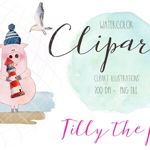 Clipart ilustracja świnia, ilustracja clipart, cyfrowy clipart świnia, plik PNG, świnia clipart ocean, ilustracja wybrzeża, plaża