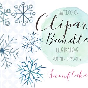watercolor clipart bundle, Snowflake clipart illustration, 5 png cliparts, watercolor winter illustration