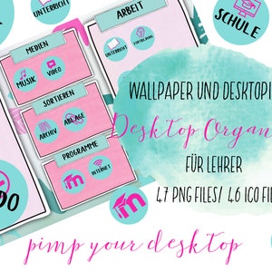 May include: A set of colourful desktop icons for teachers, featuring a pink and blue watercolour background with the text "Wallpaper und Desktopicons Desktop Organizer für Lehrer 47 PNG Files/ 46 ICO Files pimp your desktop". The icons include images of a school, music notes, a camera, a tick, a folder, a computer, and a book.