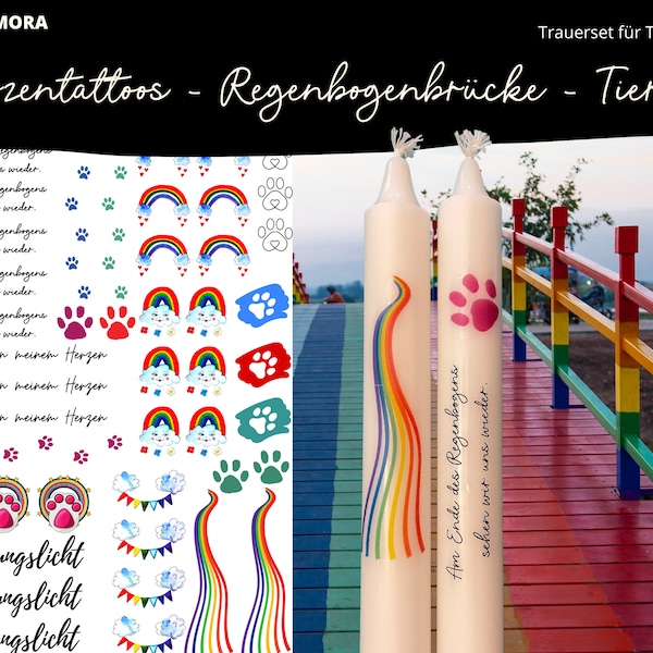 Kerzentattoo, Kerzensticker, Wasserschiebefolie, Trauer Tod Tier, Regenbogenbrücke, Geschenk, A4