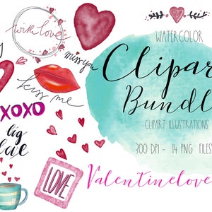 Illustration clipart de la Saint-Valentin, Ensemble d’illustrations de la Saint-Valentin, éléments clipart Aquarelle, fichiers png d’amour, autocollants numériques de la Saint-Valentin