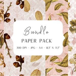 Könnte beinhalten: Ein digitales Papierpaket mit vier verschiedenen Mustern mit Herbstblättern und Eicheln auf rosa Hintergrund. Der Text "Bundle Paper Pack 300 DPI - JPG - A4 - 8.3" x 11.7" ist auf einem weißen Rechteck dargestellt.