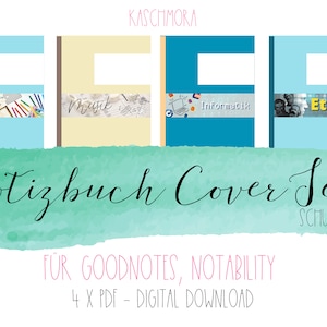 Può includere: Un set di quattro copertine digitali per quaderni per Goodnotes e Notability. Le copertine sono blu, azzurro, gialle e turchese. Le copertine presentano le parole "Kunst", "Musik", "Informatik" e "Ethik" in un carattere corsivo colorato. Il testo "Notizbuch Cover Set" è scritto in corsivo sotto le copertine. Il testo "SCHULE#4" è scritto in un carattere più piccolo sotto il testo in corsivo. Il testo "FÜR GOODNOTES, NOTABILITY" è scritto in un carattere più piccolo sotto il testo in corsivo. Il testo "4 X PDF - DIGITAL DOWNLOAD" è scritto in un carattere più piccolo sotto il testo in corsivo.