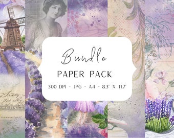 Papel de fundo, pacote, download digital, vintage, gasto, A4, JPG, lavanda, álbum de recortes, diário, papel