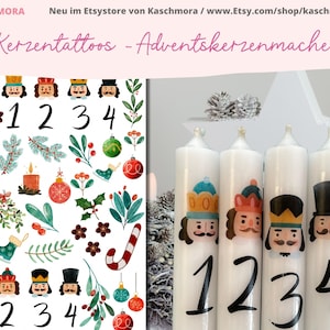 Può includere: Quattro candele bianche con disegni di schiaccianoci e i numeri da 1 a 4. Le candele sono alte 9,5 cm. L'immagine include anche un foglio di adesivi con disegni di schiaccianoci, numeri e decorazioni natalizie.