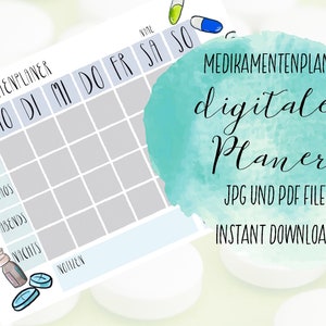 cyfrowy planista leków, planista leków, organizowanie tabletek, pomoce pielęgniarskie, dobre notatki, jpg pdf A4, niemiecki