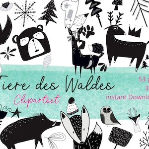 Dieren van het bos, digitale clipart, scandi, doodle dieren, doodle herfst winter, handgetekende illustratie, zwart en wit
