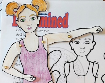 Determined" Pieces Paper Doll Large Size- Articulated Paper Doll to Color - play, coloring pages, party project, template