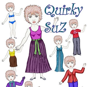 Quirky SuZ - Sassy Paper Doll - fun outfits, evening gown, suit, tee and jeans