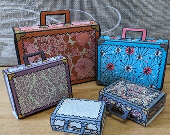 Matchbox Suitcases Kit - Vintage Style Mixed Fabrics - digital download - Party Project - gift box - favor - creative play - nesting boxes