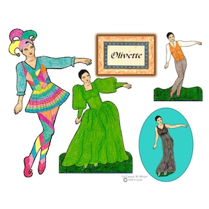 Olivette - A Diva Paper Doll with cool clothes - large size - digital download - jester, suit, slinky dress, ballgown