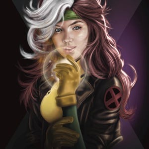 May include: A woman with white and pink hair is wearing a brown leather jacket with a red X on the sleeve. She is holding a glowing orb in her gloved hands.