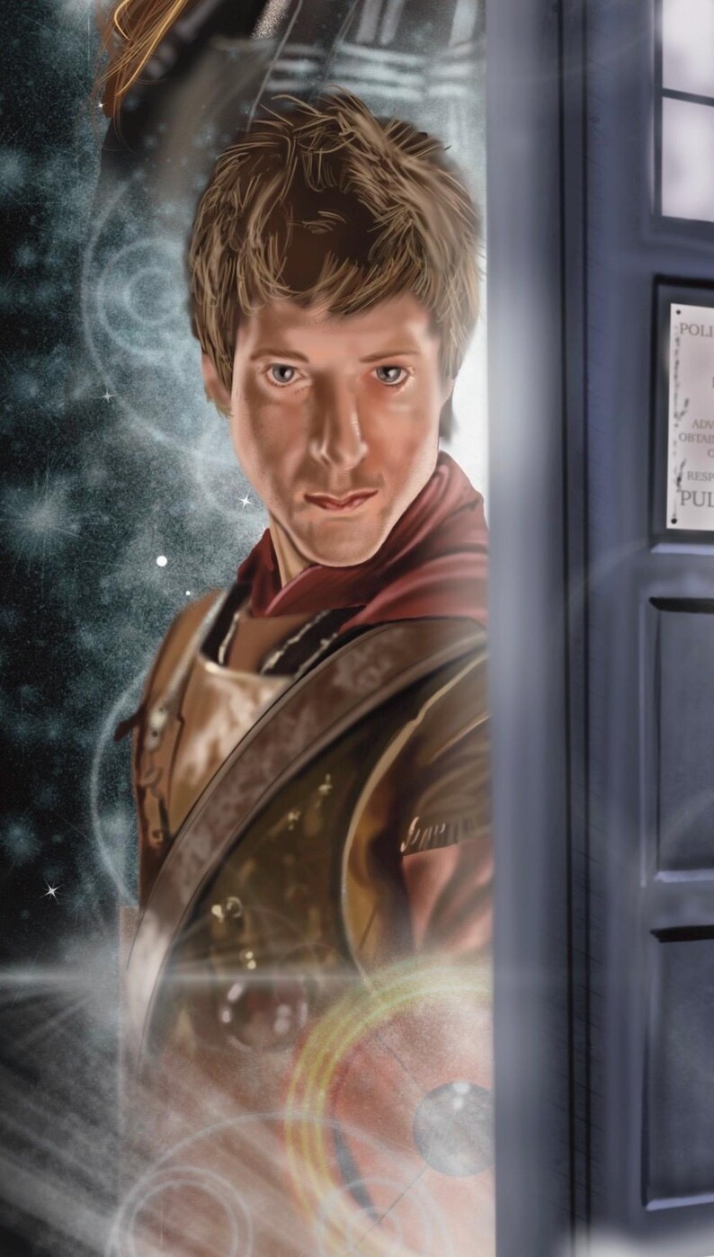 May include: Digital art print of a person in a red scarf and gold armor, partially obscured by a blue police box. The background features a starry, swirling galaxy design with bright light effects.