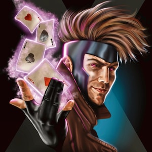 May include: A digital illustration of a man with brown hair and a blue headband, holding playing cards in his hand. The cards are glowing with a pink light. The background is a dark blue and gray color.