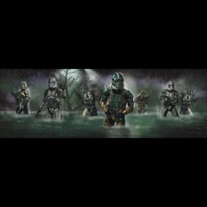 May include: An illustration depicts a group of soldiers wading through water in a swampy environment. The soldiers are clad in various types of armor, some in green and others in grey, and are armed with weapons. The scene is set under a dark, rainy sky.