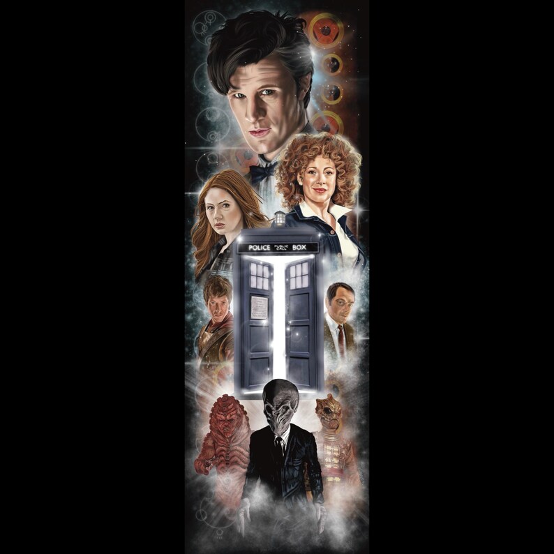 May include: Vertical artwork featuring characters from a science fiction television series. The artwork includes portraits of several characters, a blue police box, and various alien creatures. The color palette is dominated by blues, purples, and skin tones, with a black background.