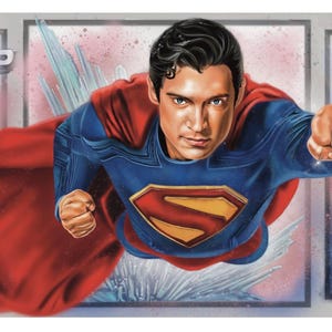 May include: A vibrant illustration featuring Superman in flight, with a red cape and blue suit, set against a backdrop of other characters. The artwork is divided into three panels, showcasing various figures and scenes from the Superman universe.