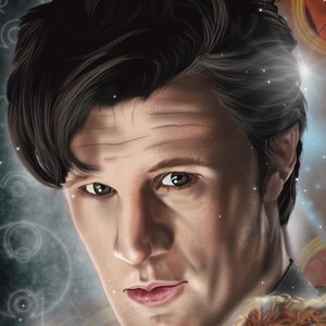 May include: Digital art portrait of a man with dark hair and green eyes, set against a space-themed background with planetary and star elements. The artwork features a close-up of the man's face, with a serious expression.