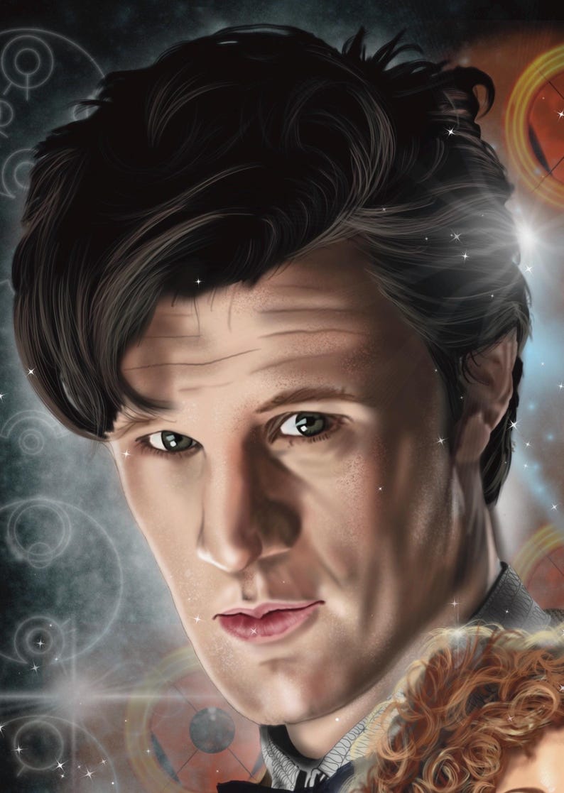 May include: Digital art portrait of a man with dark hair and green eyes, set against a space-themed background with planetary and star elements. The artwork features a close-up of the man's face, with a serious expression.