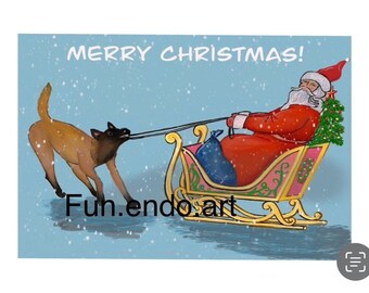 Mallinois Weihnachtskarte: Hund zieht Schlitten (Digital Printable)