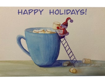 Aquarell Wichtel-Weihnachtskarte: Heiße Schokolade mit Marshmallows(Digital Printable)