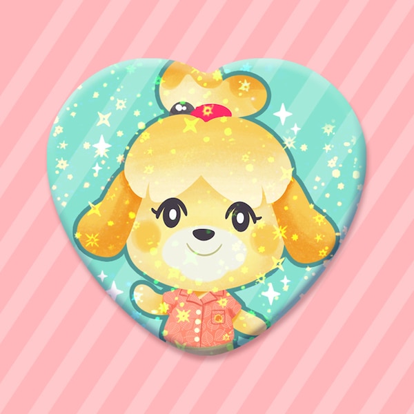 Isabelle Animal Crossing Cute Metal Sparkly Star Holographic Heart Button