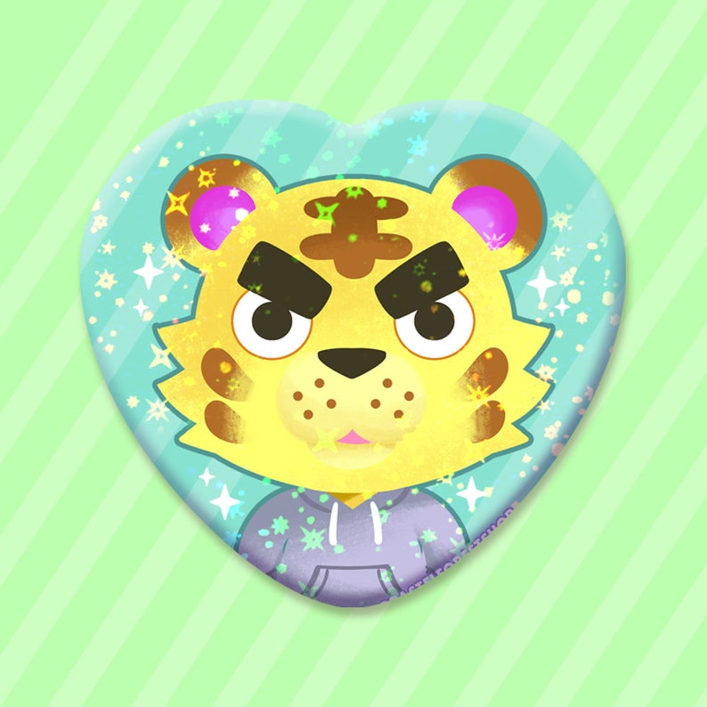 Tybalt Animal Crossing Cute Metal Sparkly Star Holographic Heart Button