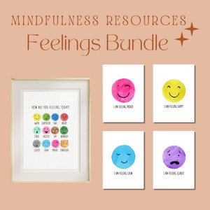 KIDS FEELINGS BUNDLE, cartaz de gráfico de emoções e conjunto de cartões para bem-estar, atenção plena. Casa, recursos escolares para professor, mãe. Design simples