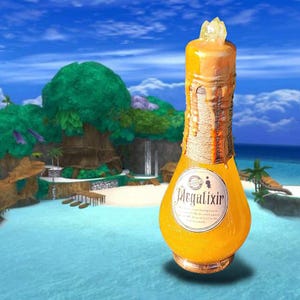 May include: A bottle of Megalixir with a golden-yellow liquid and a decorative top. The bottle has a label with the text "Megalixir" and is wrapped with rope. The background shows a tropical beach scene.